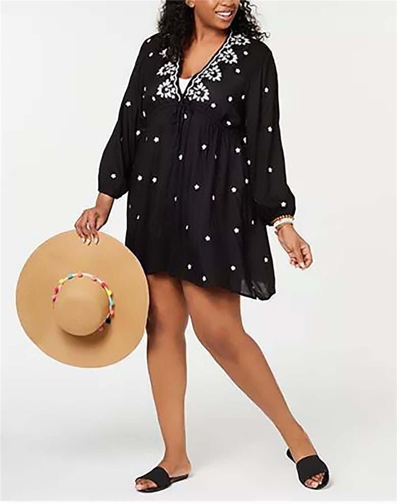 Raviya Embroidered Long Sleeve Swimsuit Cover Up Dress, BLACK - 2X